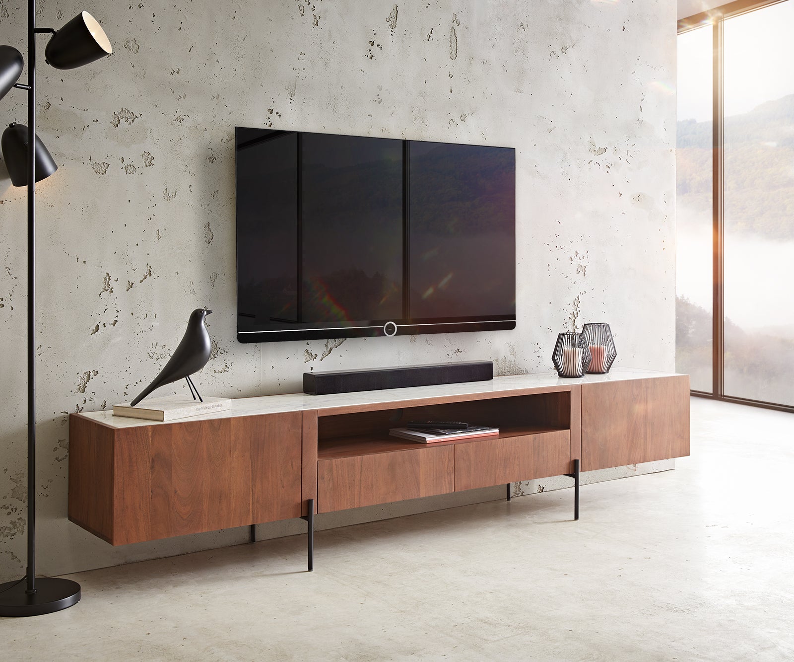 TV Stand Secara 220cm Acacia Wood Brown 2 Doors 2 Compartments