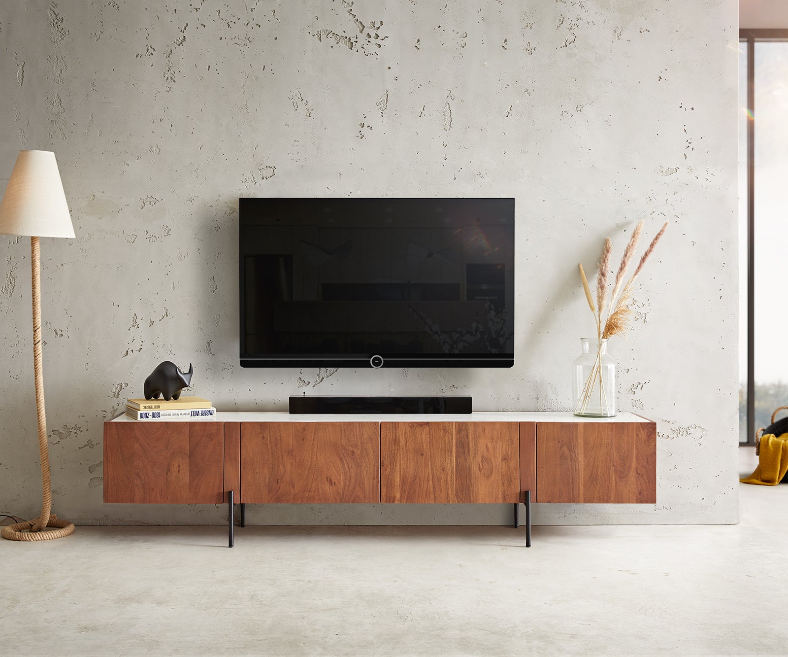 TV Stand Secara 200cm Acacia Wood Brown 4 Doors
