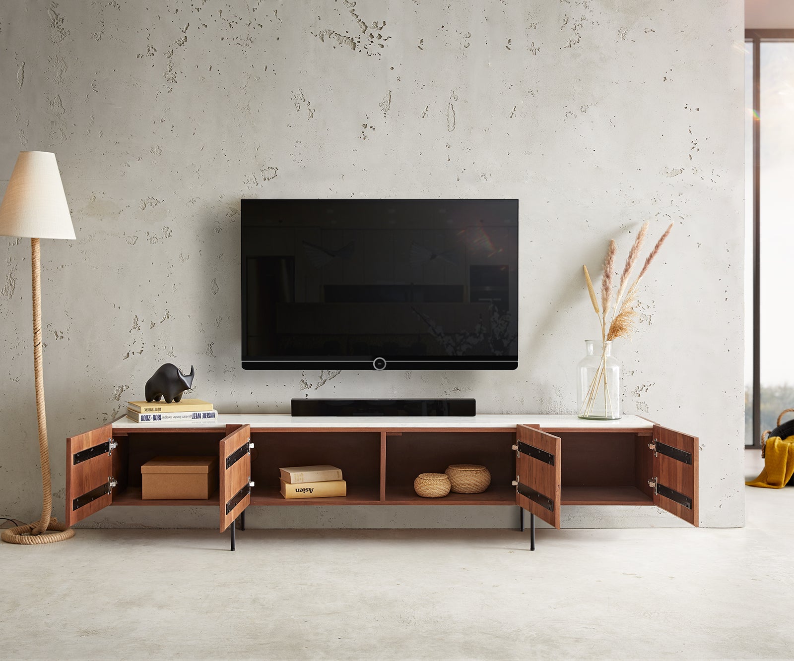 TV Stand Secara 200cm Acacia Wood Brown 4 Doors