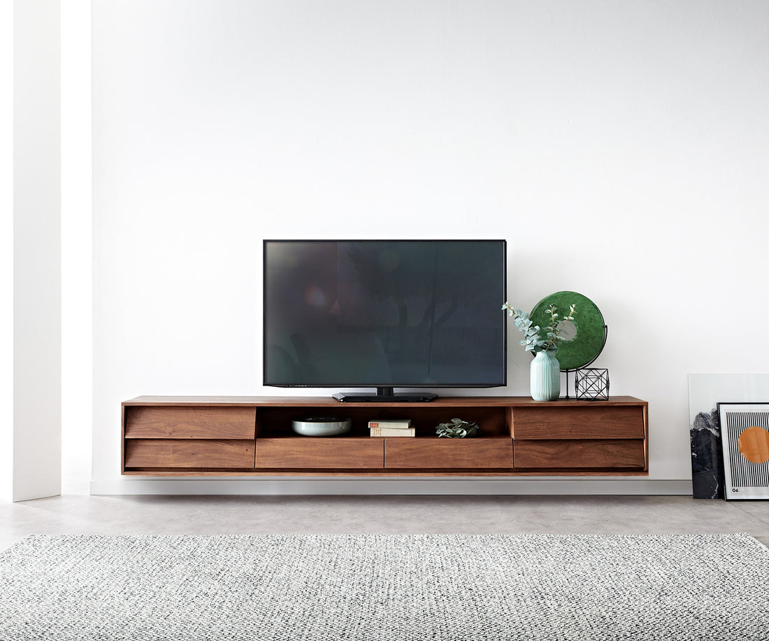 Floating TV Stand Eloi 240cm Acacia Wood Brown 2 Drawers 2 Flap Doors 1 Compartment