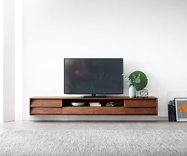 Floating TV Stand Eloi 240cm Acacia Wood Brown 2 Drawers 2 Flap Doors 1 Compartment