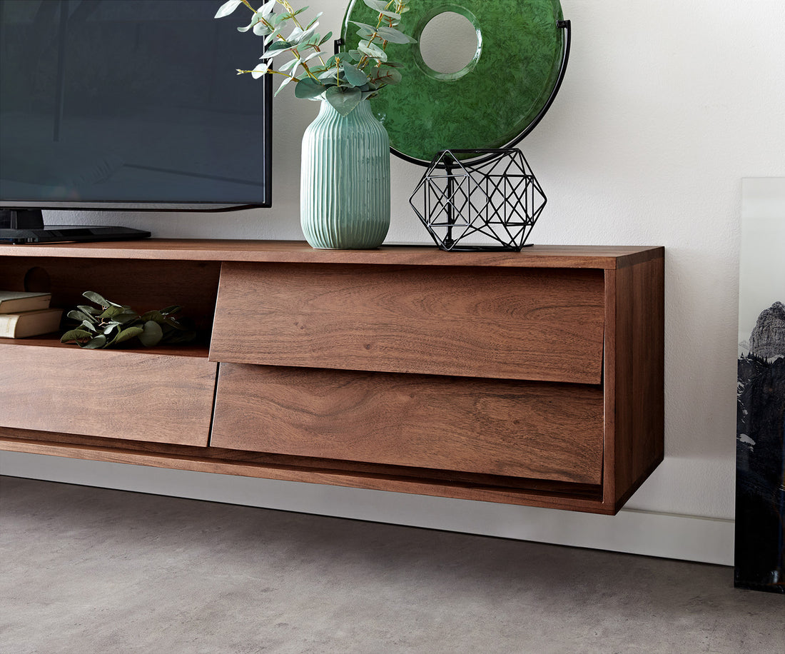 Floating TV Stand Eloi 240cm Acacia Wood Brown 2 Drawers 2 Flap Doors 1 Compartment
