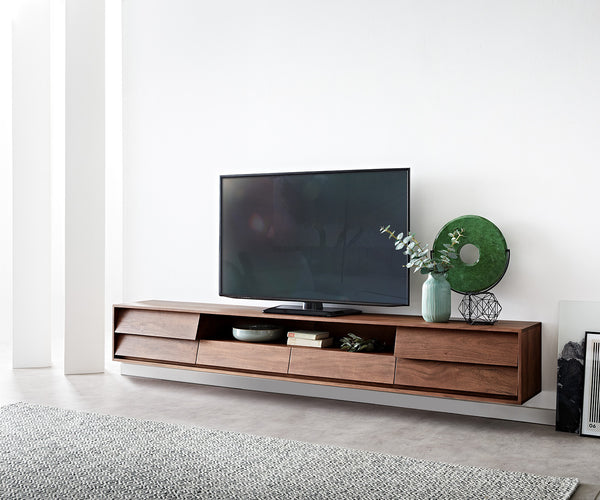 Floating TV Stand Eloi 240cm Acacia Wood Brown 2 Drawers 2 Flap Doors 1 Compartment