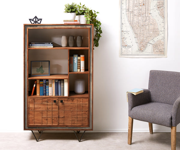 Display Cabinet Stonegrace 90X150 cm Acacia Wood Brown Stone Veneer V-Leg Black