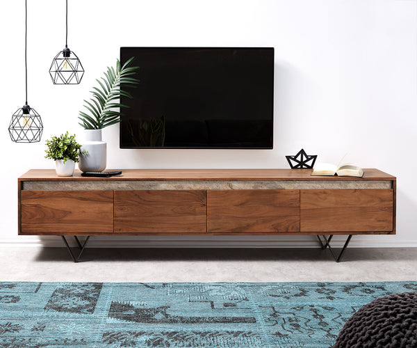 TV Stand Stonegrace 200cm Acacia Wood Brown Slate V-Leg Black