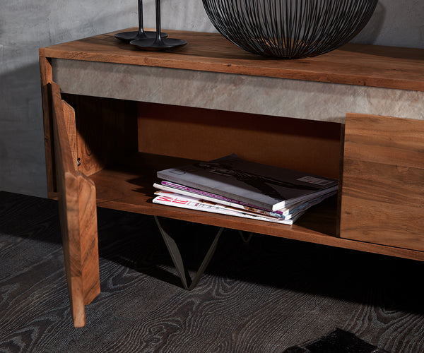 TV Stand Stonegrace 240cm 4 Doors Acacia Wood Brown Slate V-Leg Black