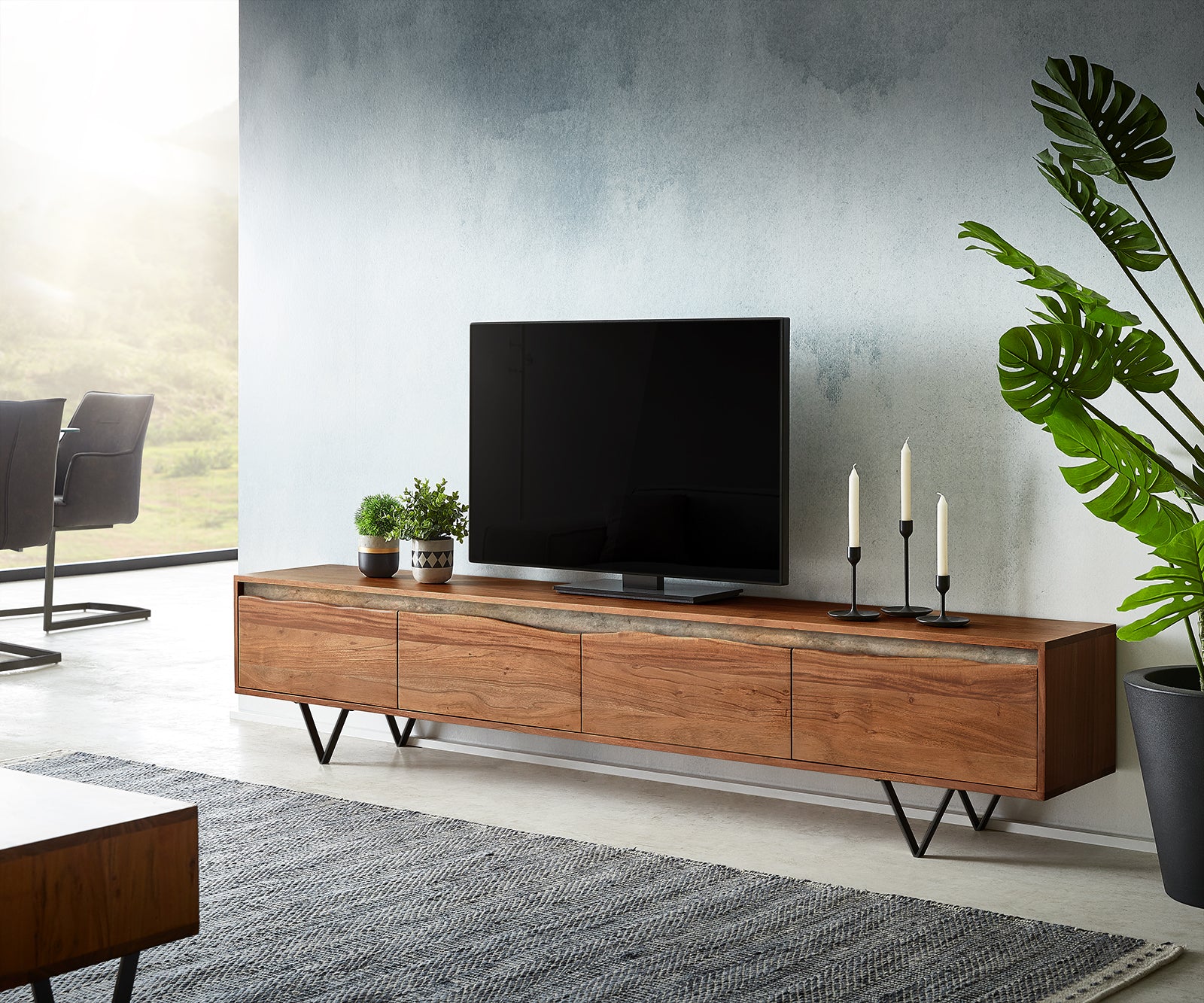 TV Stand Stonegrace 220cm Acacia Wood Brown 4 Doors Stone Veneer V-Foot Metal Black