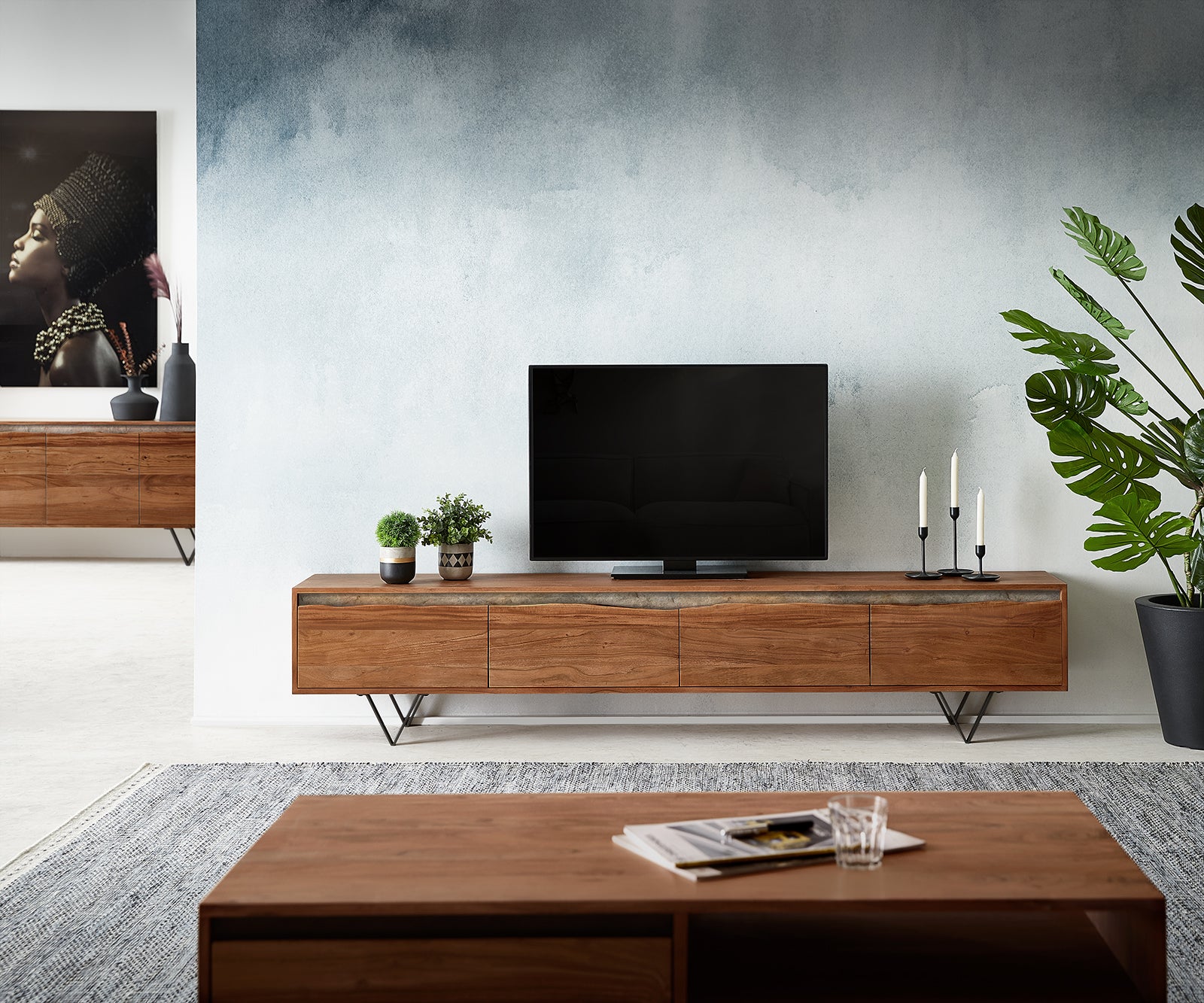 TV Stand Stonegrace 220cm Acacia Wood Brown 4 Doors Stone Veneer V-Foot Metal Black