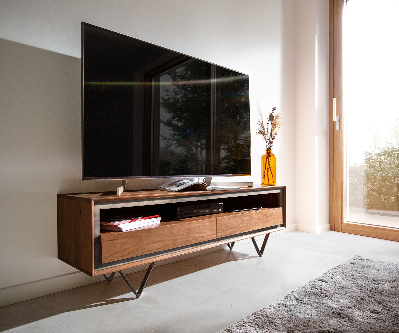 TV Stand Stonegrace Classic 145cm Acacia Wood Brown Stone Veneer V-Feet Black