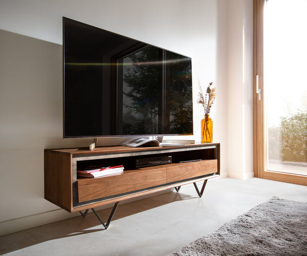 TV Stand Stonegrace Classic 145cm Acacia Wood Brown Stone Veneer V-Feet Black