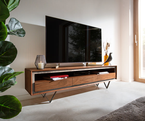 TV Stand Stonegrace Classic 175cm Acacia Wood Brown Stone Veneer V-Feet Black