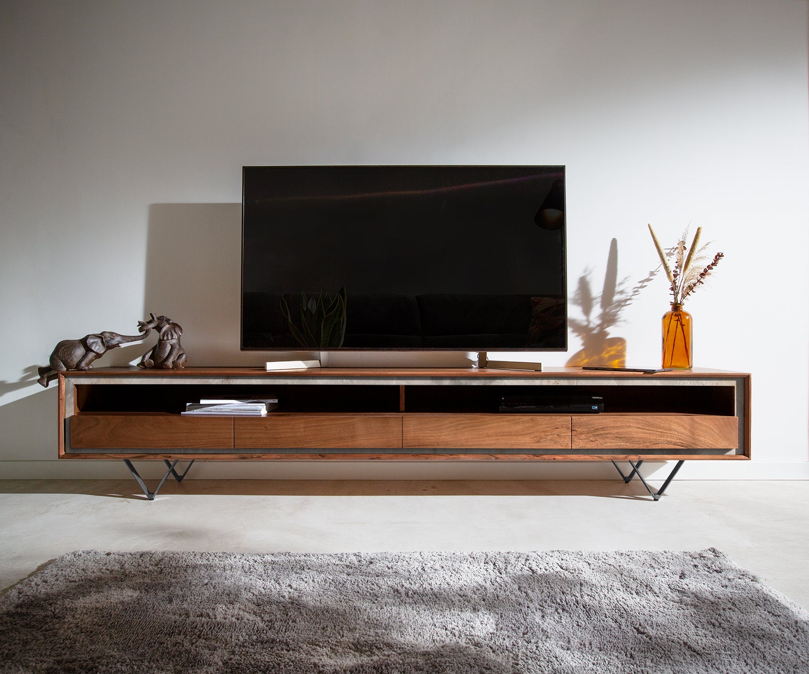 TV Stand Stonegrace 145-240 cm Acacia Wood Brown Stone Veneer V-Foot Black