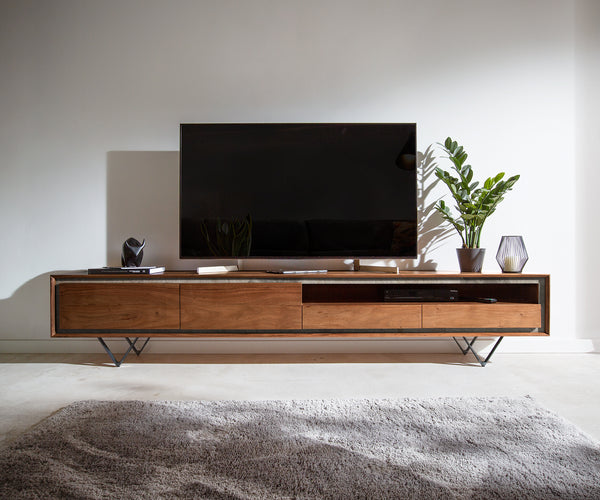 TV Stand Stonegrace 175-240 cm Acacia Wood Brown Stone Veneer V-Foot Black