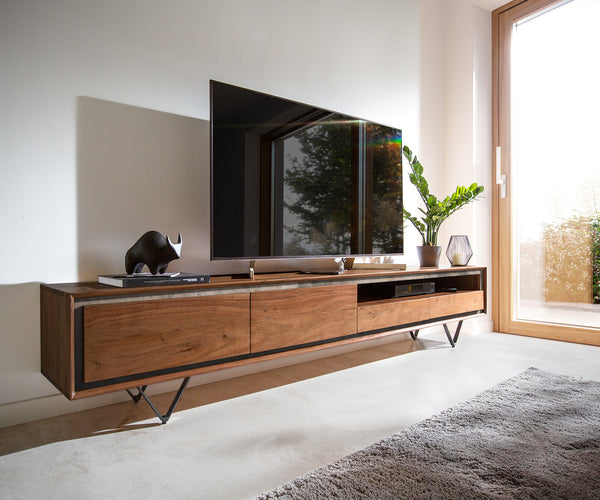 TV Stand Stonegrace Classic 240cm Acacia Wood Brown Stone Veneer V-Feet Black 2 Doors