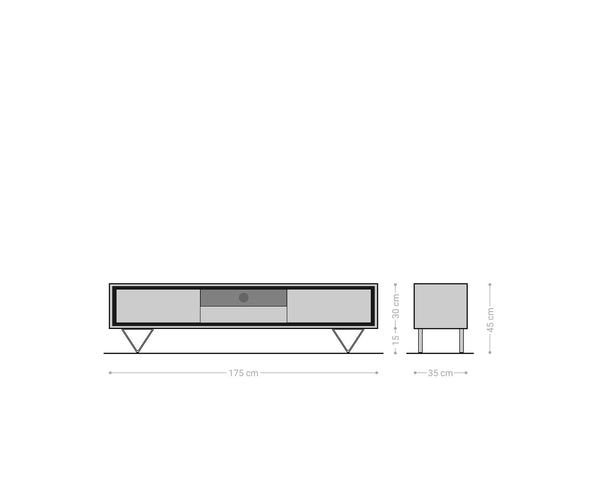 TV Stand Stonegrace Classic 175cm Acacia Wood Brown Stone Veneer V-Feet Black 2 Doors 1 Compartment