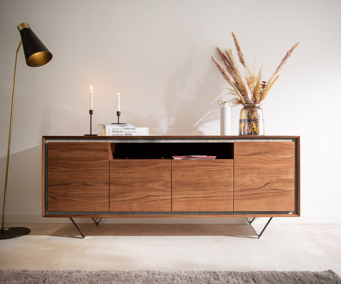 Sideboard Stonegrace Classic 175cm 4 Doors Acacia Wood Brown Stone Veneer V-Feet Black