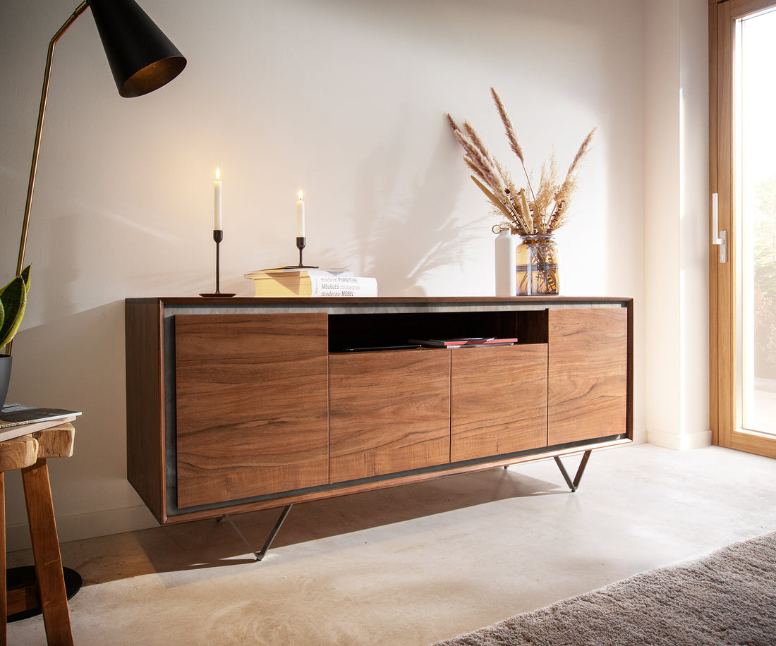 Sideboard Stonegrace 175 cm 4 Doors Acacia Wood Brown Stone Veneer V-Leg Black