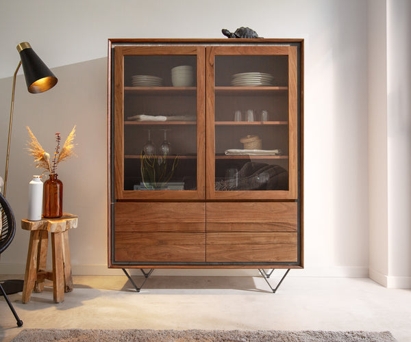 Display Cabinet Stonegrace 120x150cm Acacia Wood Brown Stone Veneer V-Leg Black