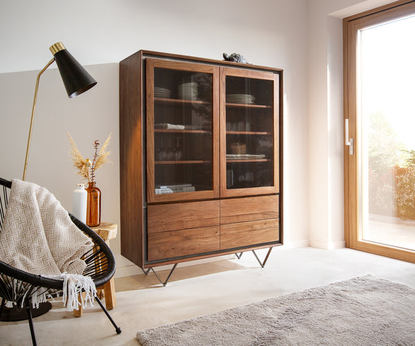 Display Cabinet Stonegrace 120X150 cm Acacia Wood Brown Stone Veneer V-Leg Black