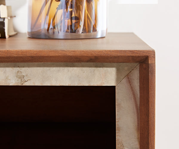 Display Cabinet Stonegrace 55x180cm Acacia Wood Brown Stone Veneer V-Foot Black