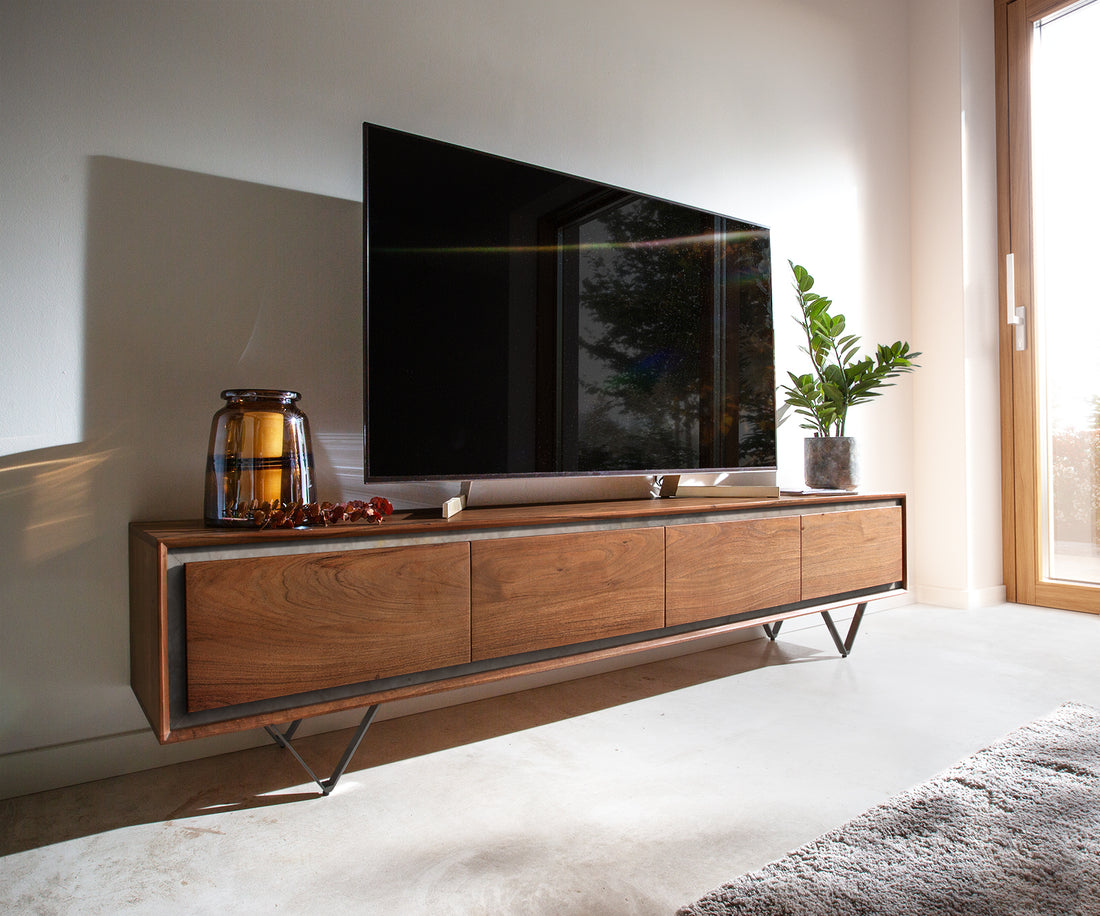 TV Stand Stonegrace 200 cm 4 Doors Acacia Wood Brown Stone Veneer V-Foot Black