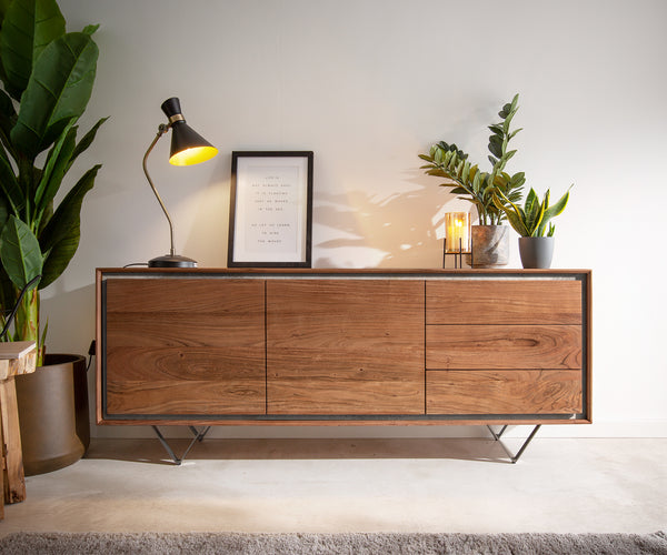Sideboard Stonegrace 175cm 2 Doors Acacia Wood Brown Stone Veneer V-Leg Black