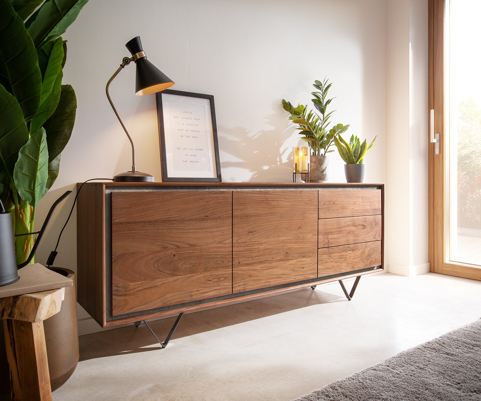 Sideboard Stonegrace 175 cm 2 Doors Acacia Wood Brown Stone Veneer V-Leg Black