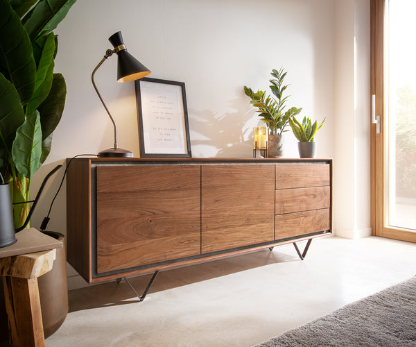 Sideboard Stonegrace 175 cm 2 Doors Acacia Wood Brown Stone Veneer V-Leg Black