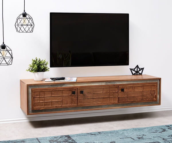Floating TV Stand Stonegrace 147cm Acacia Wood Brown 3 Doors Stone Veneer 3D Effect
