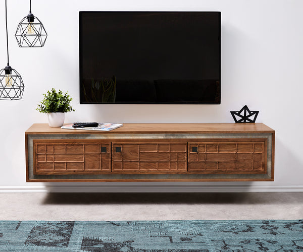 Floating TV Stand Stonegrace 147cm Acacia Wood Brown 3 Doors Stone Veneer 3D Effect