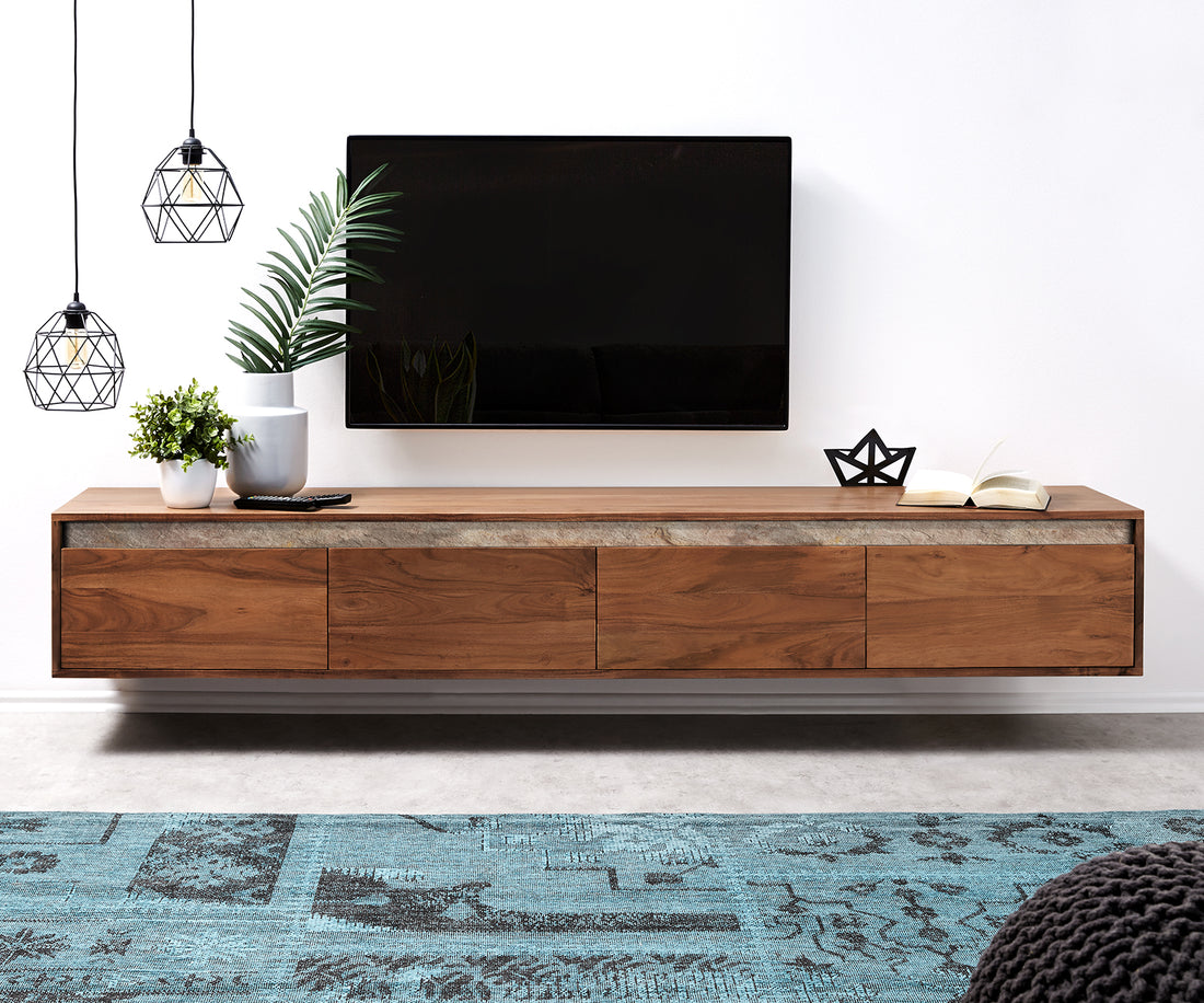 Floating TV Stand Stonegrace Straight-Edge 200cm Acacia Wood Brown Slate
