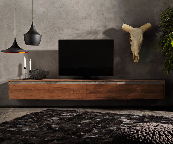 Floating TV Stand Stonegrace 240cm 4 Doors Acacia Wood Brown Slate