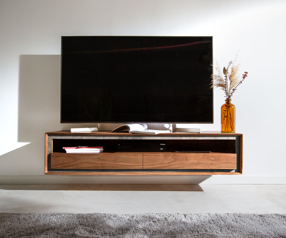 Floating TV Stand Stonegrace Classic 145cm Acacia Wood Brown Stone Veneer