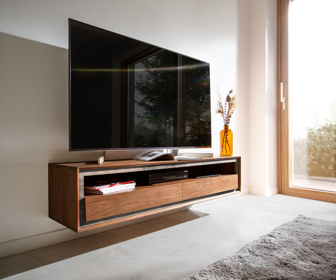 Floating TV Stand Stonegrace Classic 145cm Acacia Wood Brown Stone Veneer