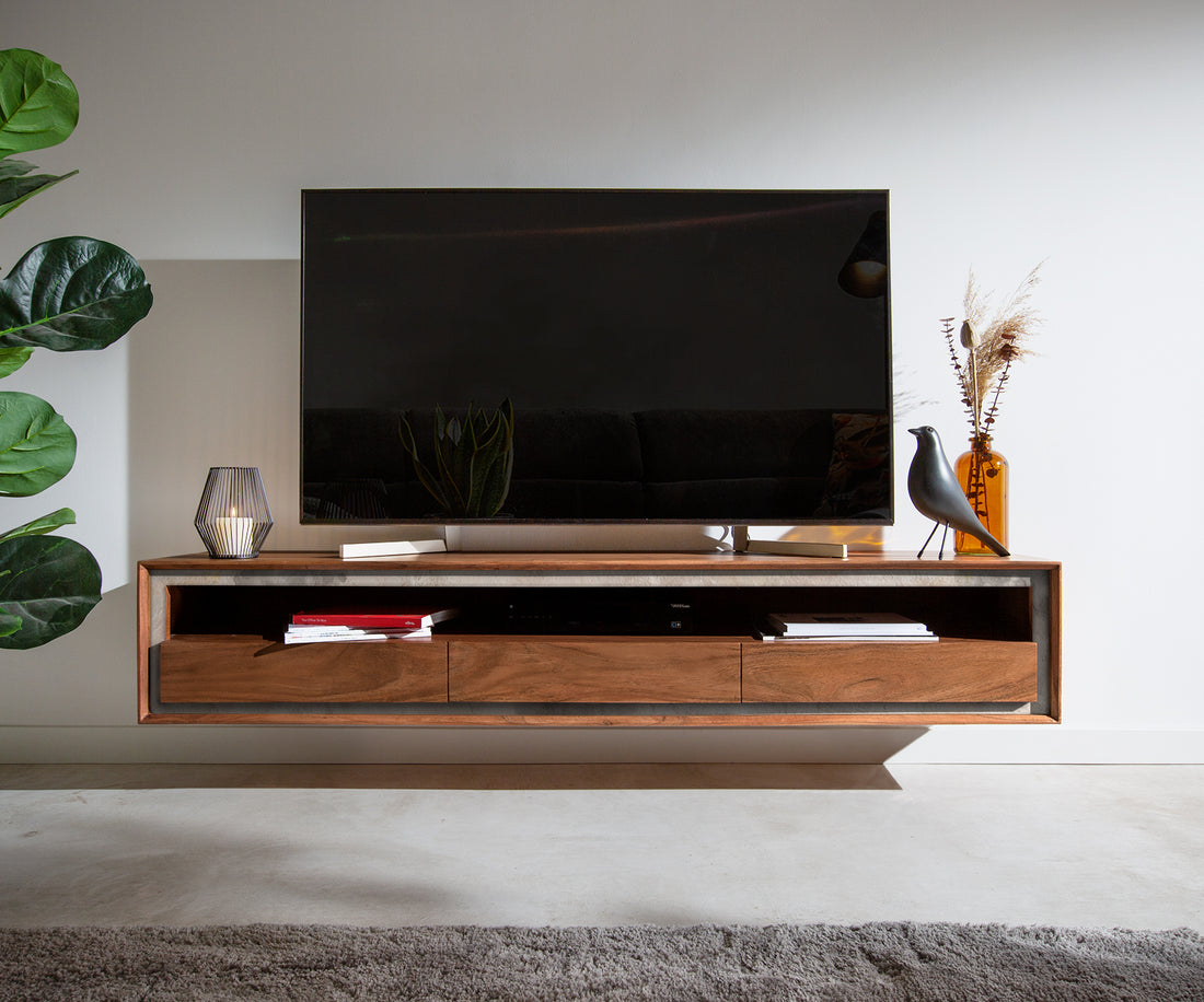 Floating TV Stand Stonegrace Classic 175cm Acacia Wood Brown Stone Veneer