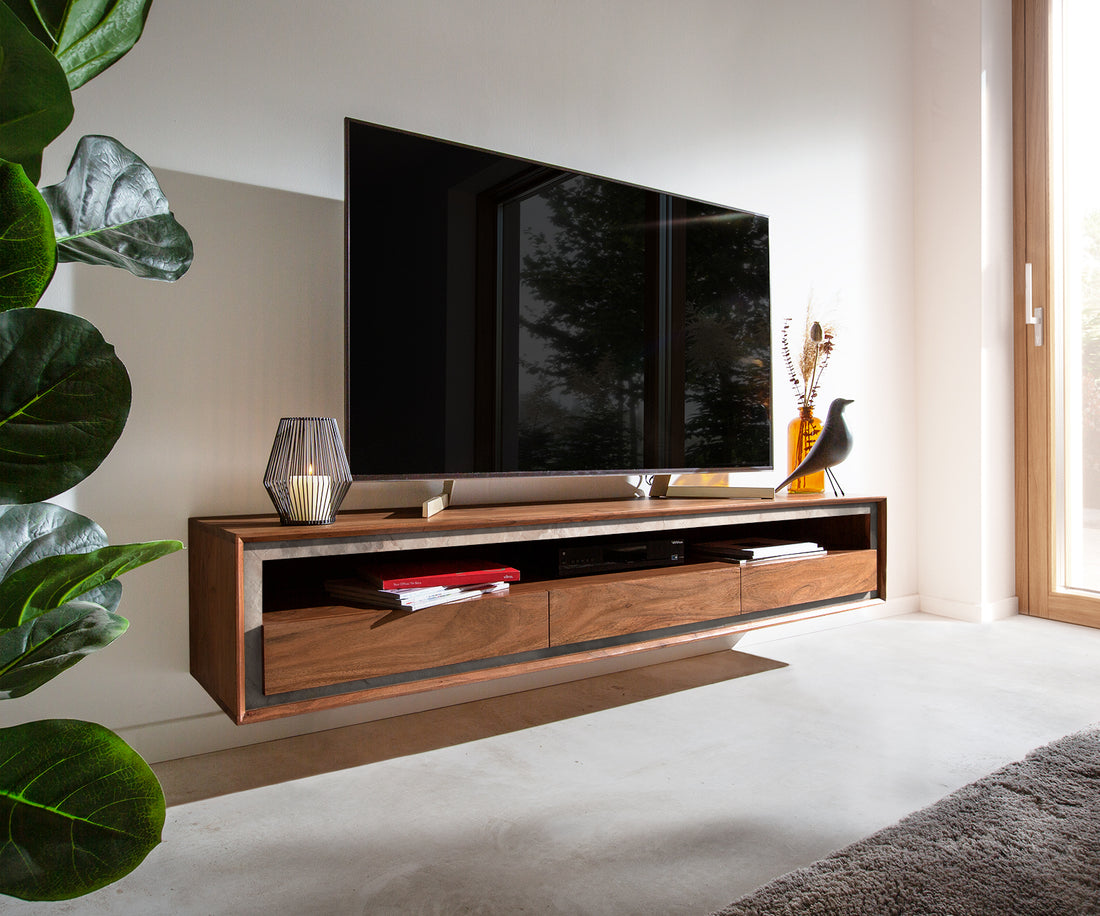 Floating TV Stand Stonegrace Classic 175cm Acacia Wood Brown Stone Veneer