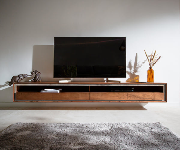 Floating TV Stand Stonegrace 145-240 cm Acacia Wood Brown Stone Veneer