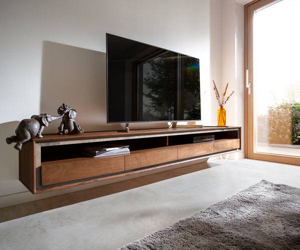 Floating TV Stand Stonegrace 145-240 cm Acacia Wood Brown Stone Veneer