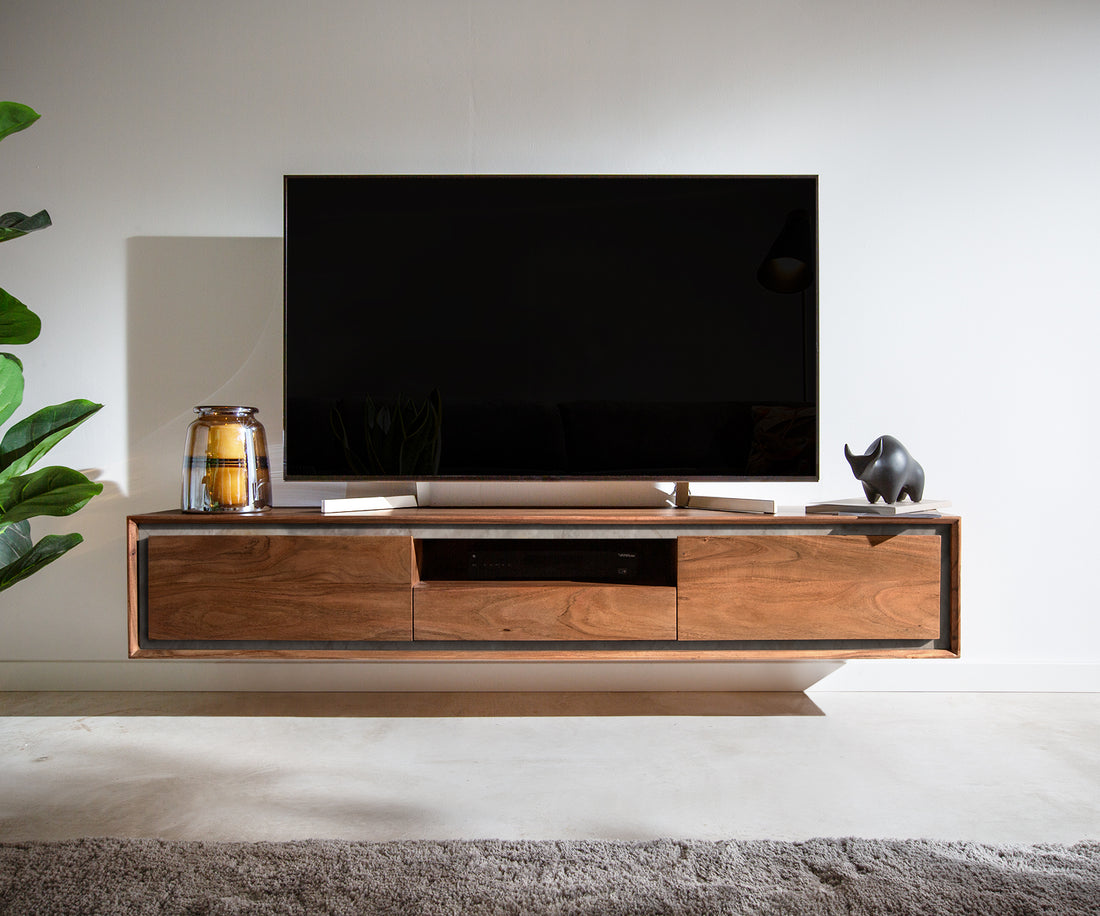 Floating TV Stand Stonegrace Classic 175cm Acacia Wood Brown Stone Veneer 2 Doors 1 Compartment