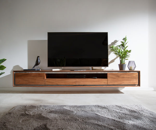 Floating TV Stand Stonegrace 240cm 2 Doors Center Compartment Acacia Wood Brown Stone Veneer