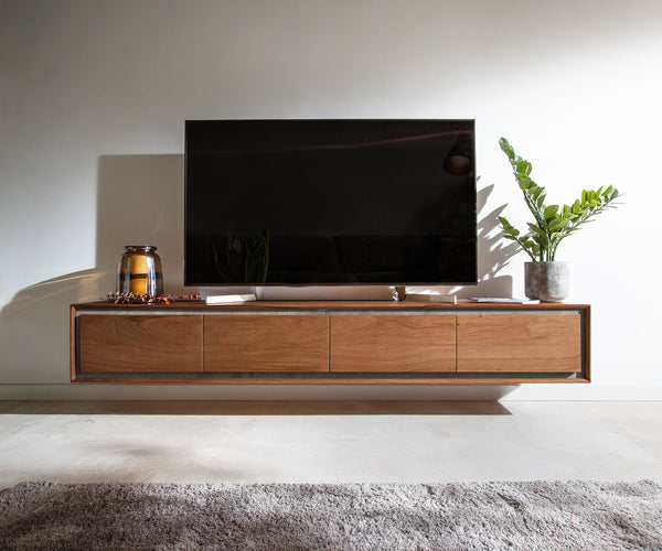 Floating TV Stand Stonegrace 200cm 4 Doors Acacia Wood Brown Stone Veneer