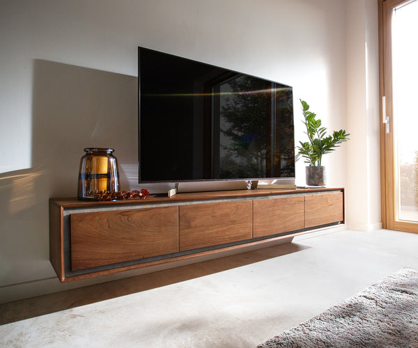 Floating TV Stand Stonegrace 200 cm 4 Doors Acacia Wood Brown Stone Veneer