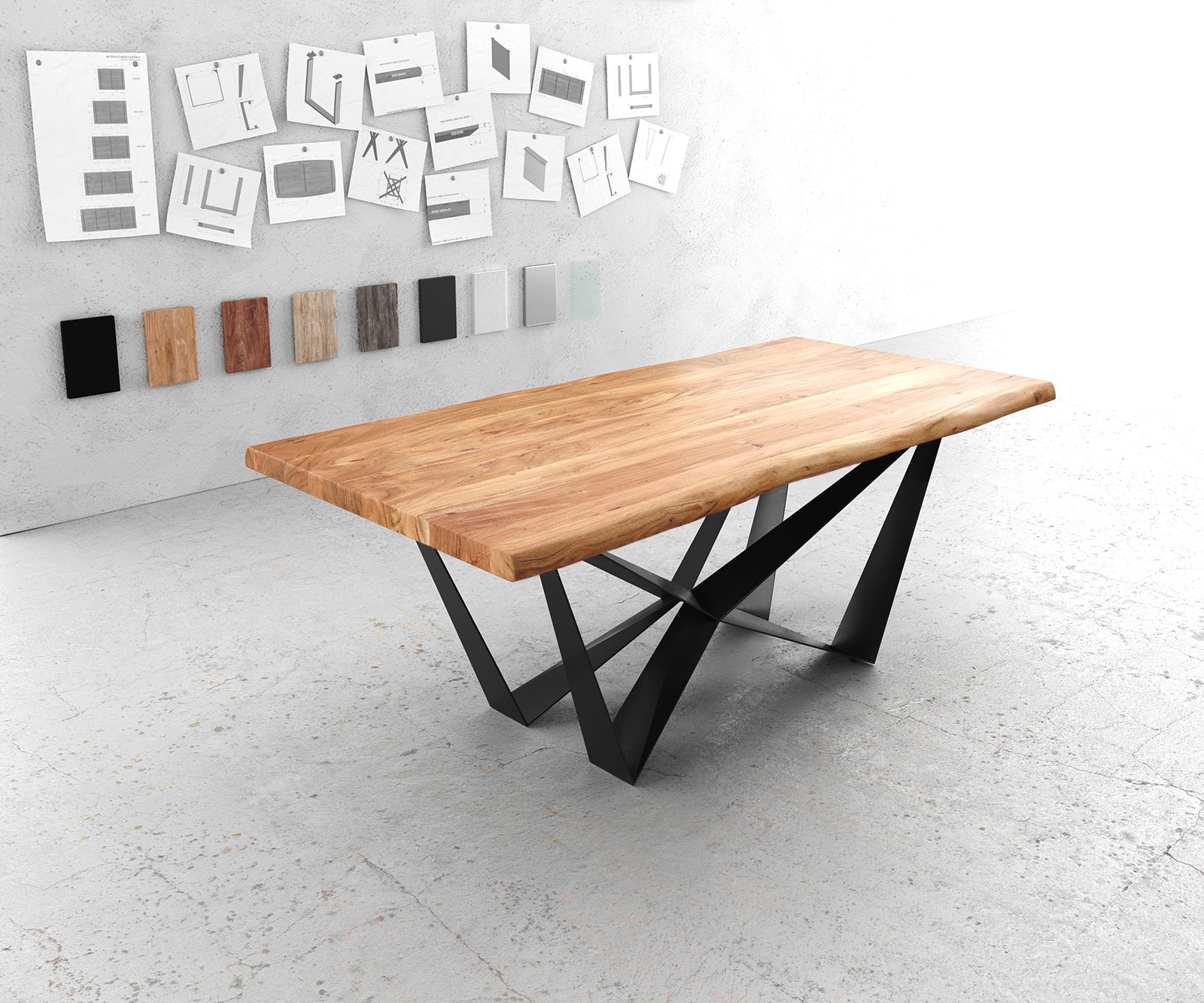 Dining Table Olympus Live Edge Acacia Wood Natural Spider Frame Black 200-300cm
