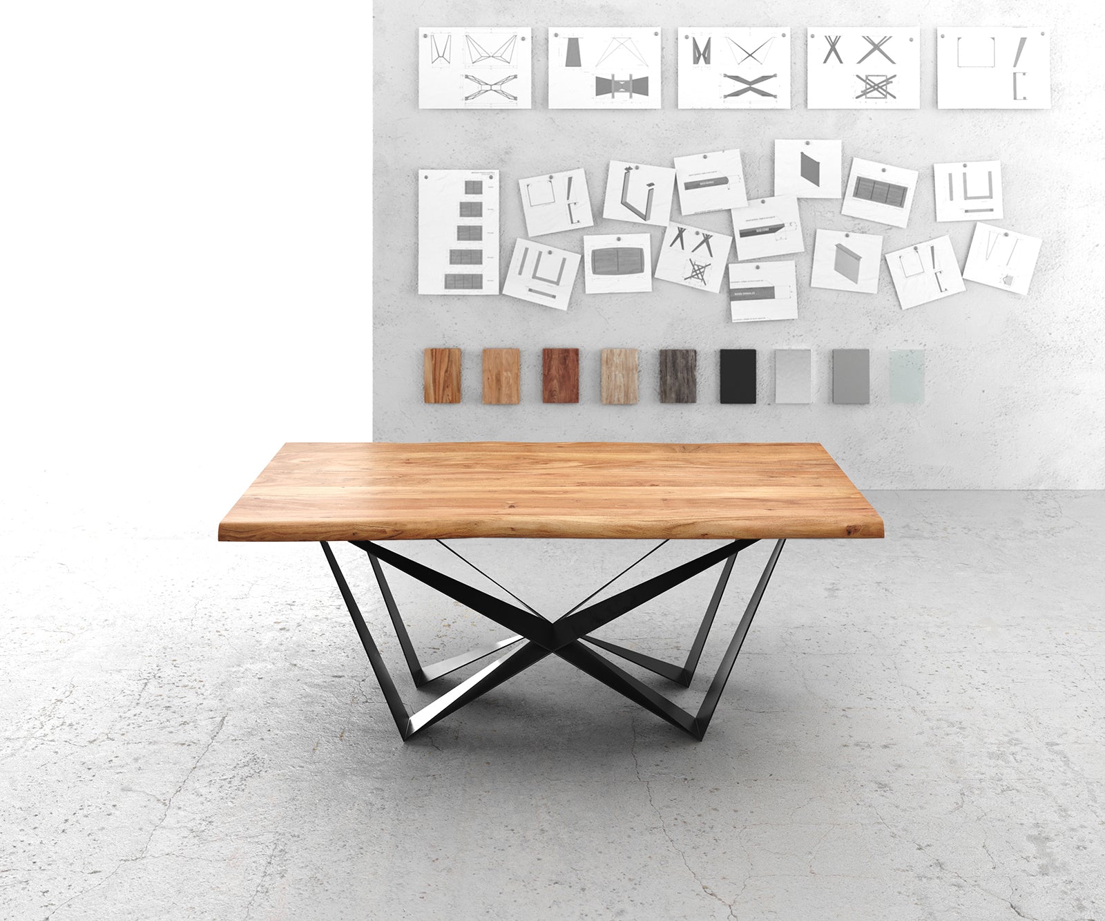 Dining Table Olympus Live Edge 200cm Acacia Wood Natural Spider Frame Black 55mm Top