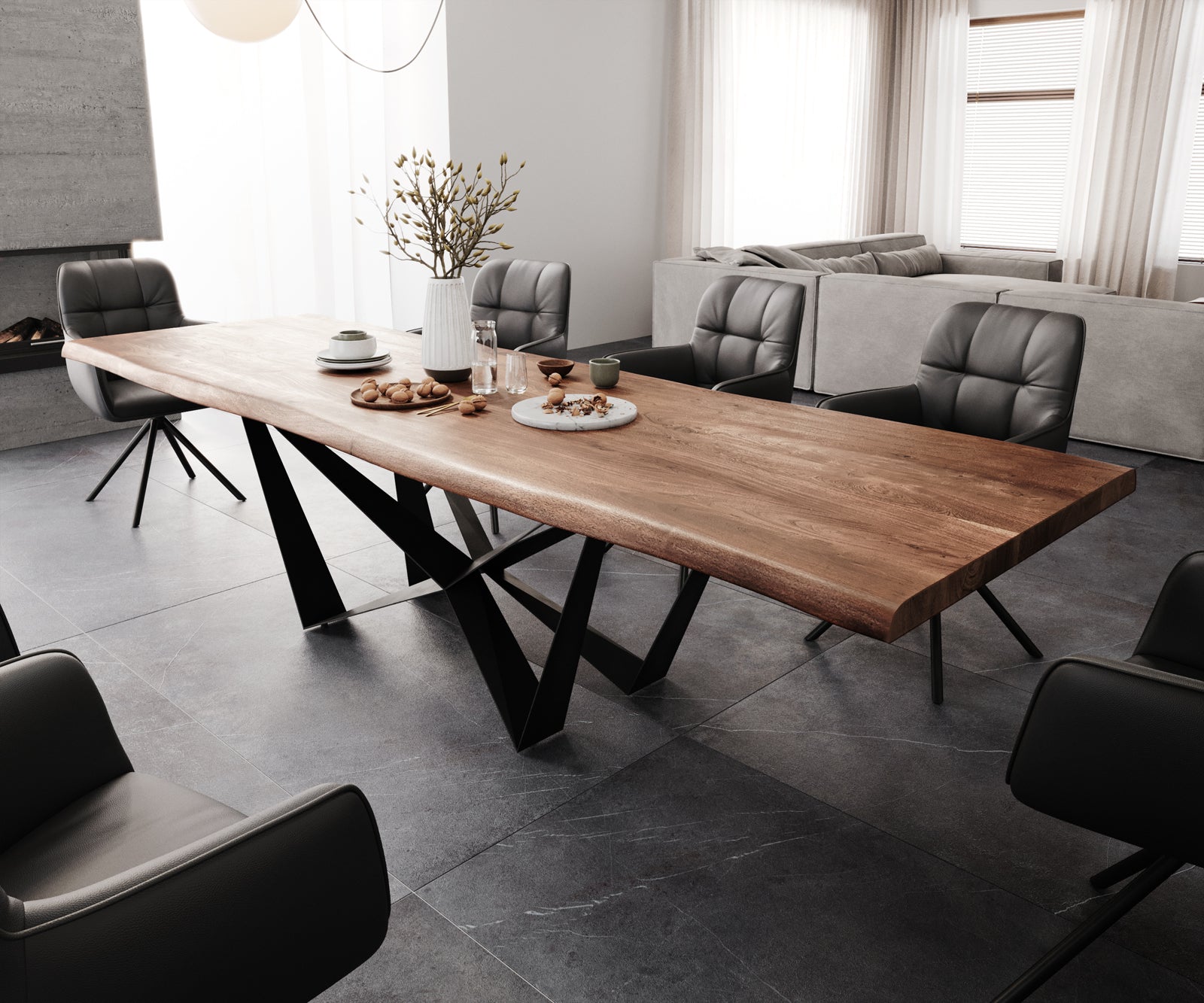 Dining Table Olympus Live Edge Acacia Wood Brown Spider Frame Black 260-300cm
