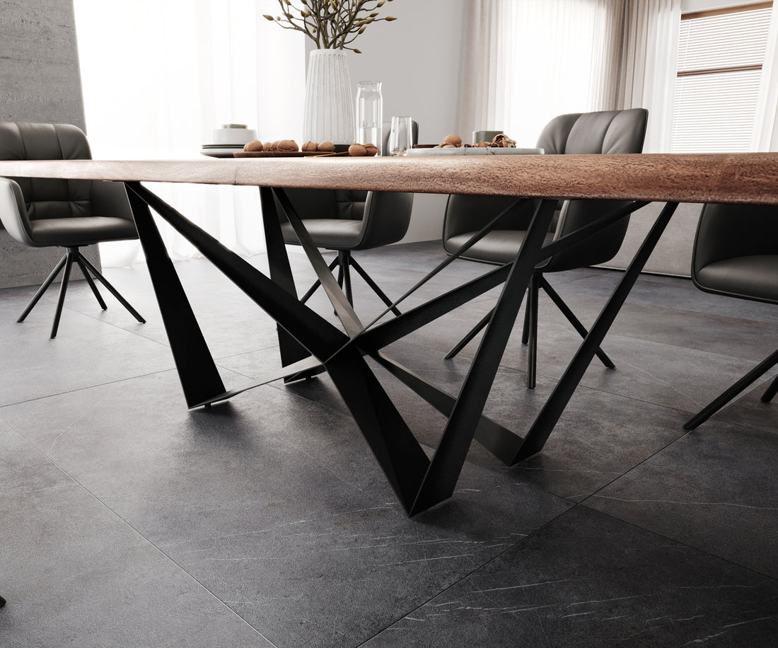 Dining Table Olympus Live Edge 300cm Acacia Wood Brown Spider Frame Black 55mm Top