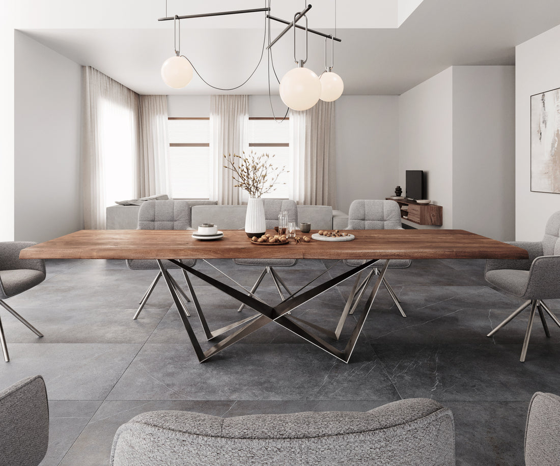 Dining Table Olympus Live Edge 300cm Acacia Wood Brown Spider Frame Steel 55mm Top