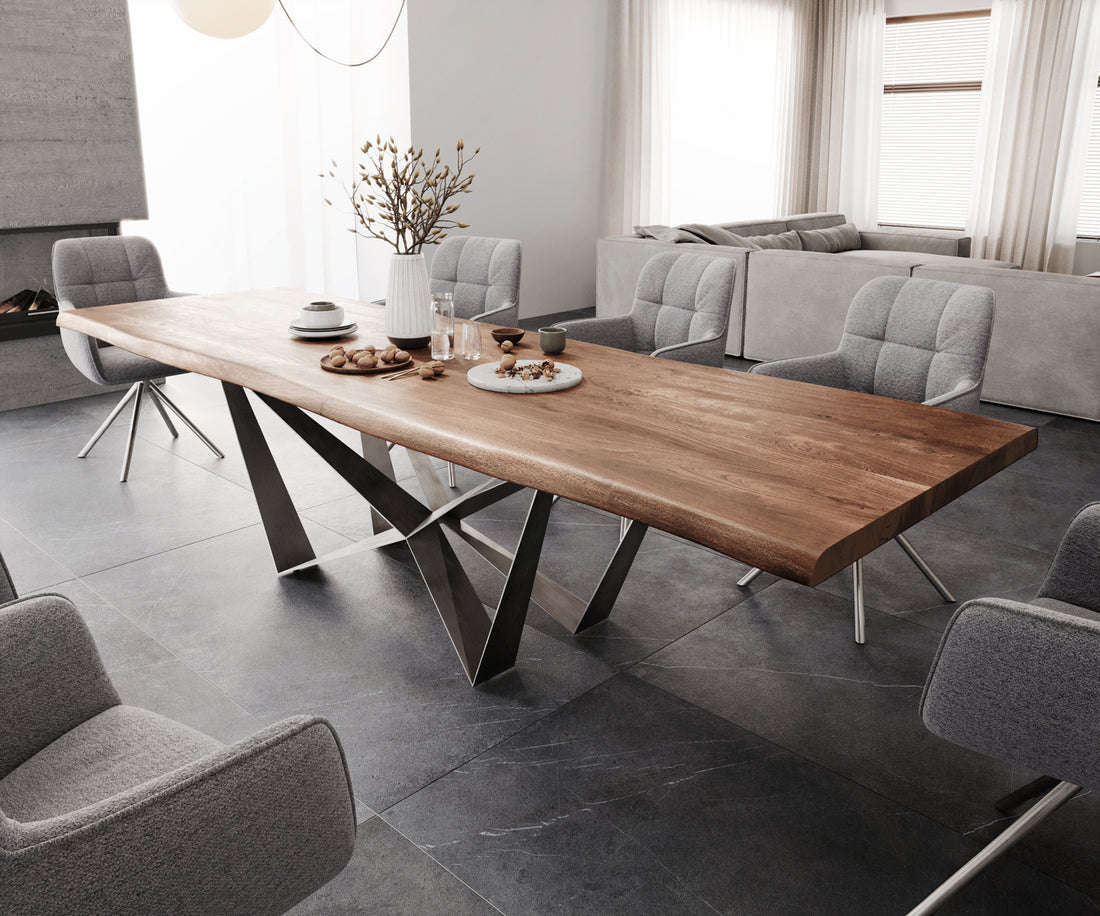Dining Table Olympus Live Edge Acacia Wood Brown Spider Frame Steel 300cm