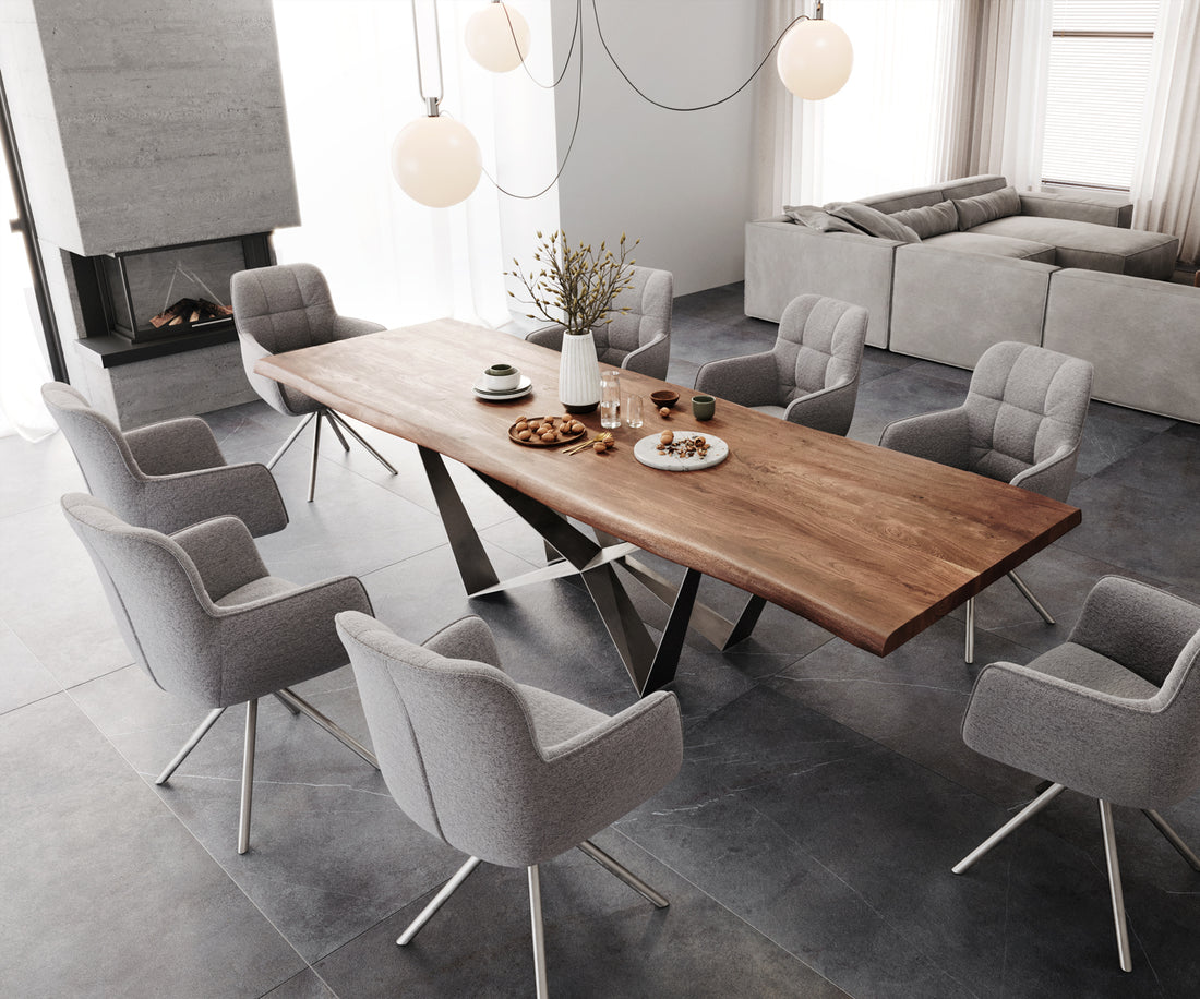 Dining Table Olympus Live Edge 300cm Acacia Wood Brown Spider Frame Steel 55mm Top