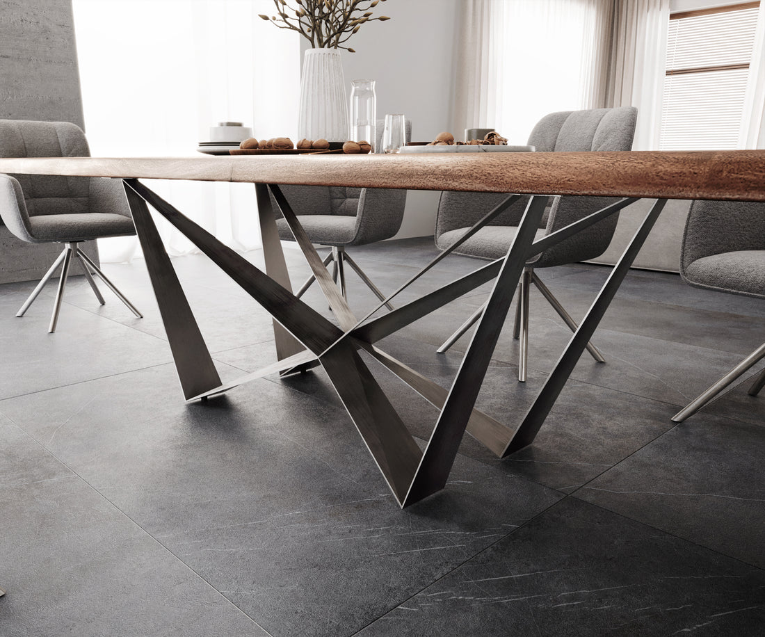Dining Table Olympus Live Edge 300cm Acacia Wood Brown Spider Frame Steel 55mm Top